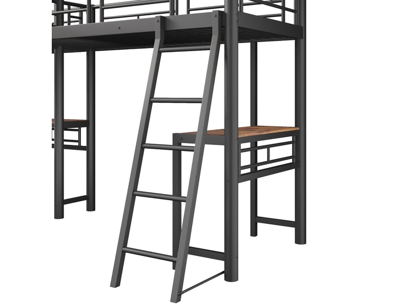  Lit mezzanine 2 couchages 90x200 cm, avec bureau et deux échelles, en métal, noir, sans matelas  - Conforama E