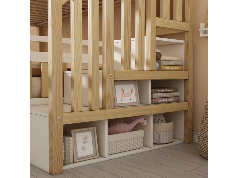 Lit superposé pour enfants 90+140x200 cm, style cabane blanc et bois naturel avec fenêtre, barrières de sécurité, escalier avec rangements, coffre de lit hydraulique, lit familial - Conforama E
