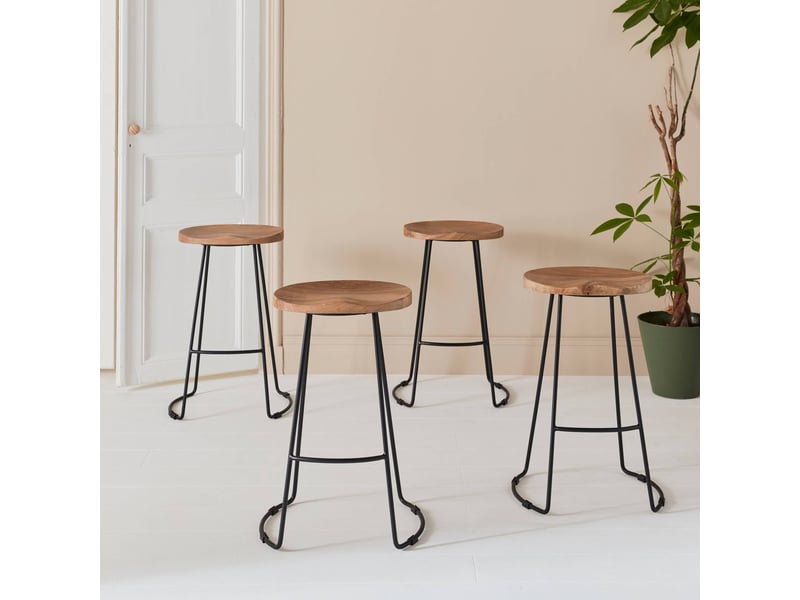 Lot de 4 tabourets de bars bois de manguier naturel et acier. Avec repose pieds. 65cm  - Conforama C