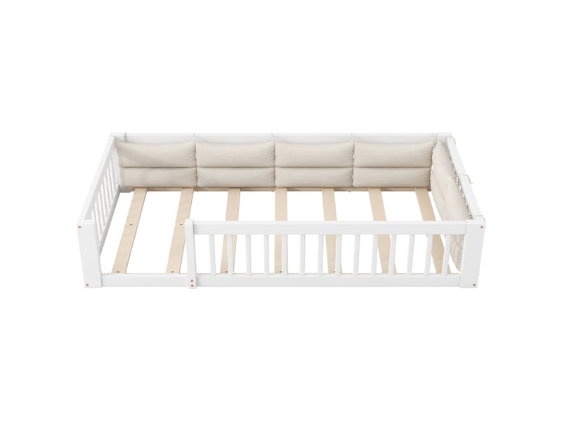 Lit enfant 90x200 cm avec barrières de sécurité et coussins, bois blanc, sans matelas  - Conforama E