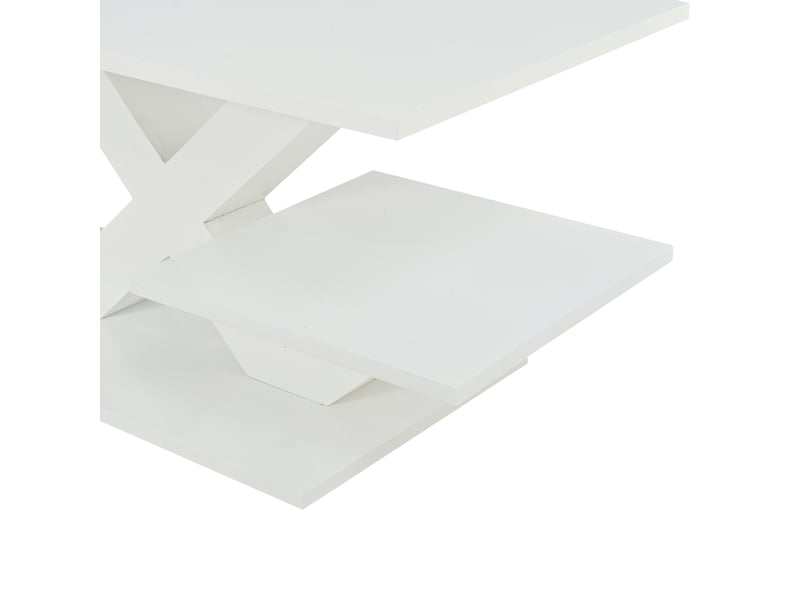  Table basse blanche brillante, table de salon rectangulaire en mdf avec double plateau de rangement et pieds géométriques en x, 100x48x45 cm  - Conforama W
