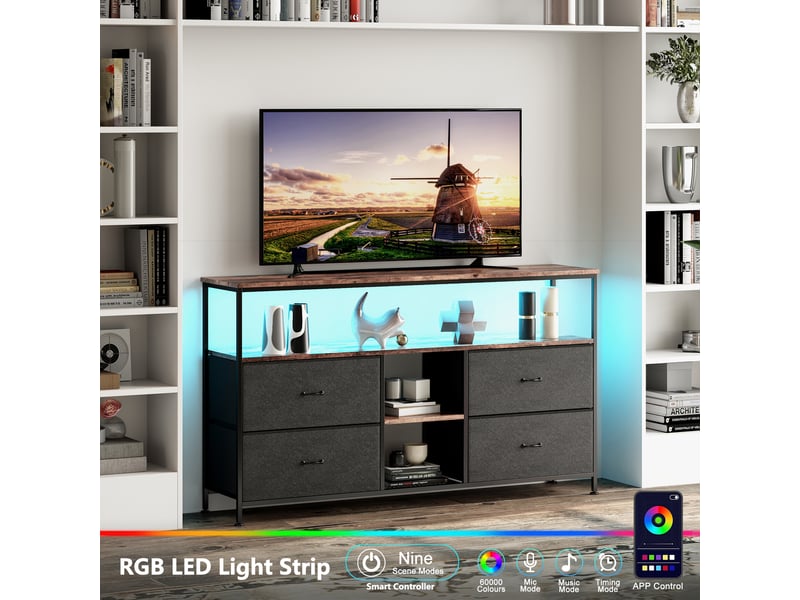  Meuble tv 108 cm avec lumières led, banc tv support télé console tv avec avec 4 tiroirs et 3 étagères de rangement, noir  - Conforama D