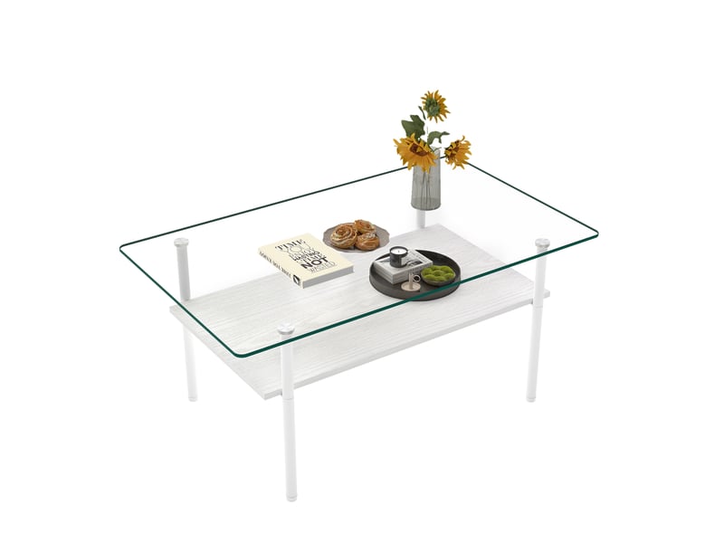 Table basse avec plateau en verre et étagère en mdf pour salon, structure métallique blanche - Conforama A
