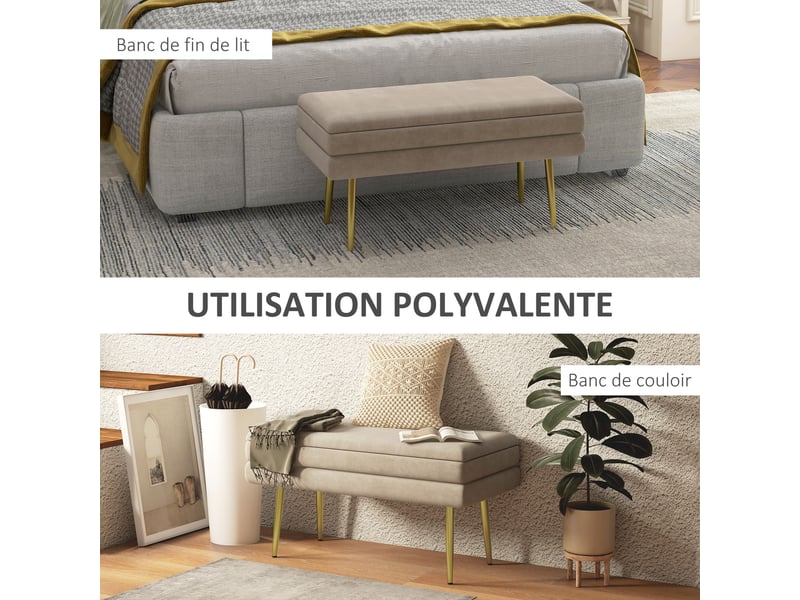  Banc banquette coffre de rangement 2 en 1 assise aspect velours et pieds acier - beige et doré 79,5l x 37,5p x 43h cm  - Conforama R