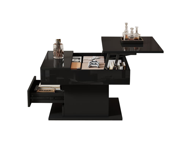  Table basse relevable pivotante avec tiroir et rangement pour salon en panneaux de particules 70×70×45 cm noire  - Conforama A