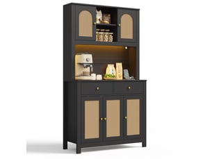 Buffet de cuisine haut led avec 5 portes en rotin, 2 tiroirs et prises intégrées, en mdf noir, 100 × 40 × 180 cm