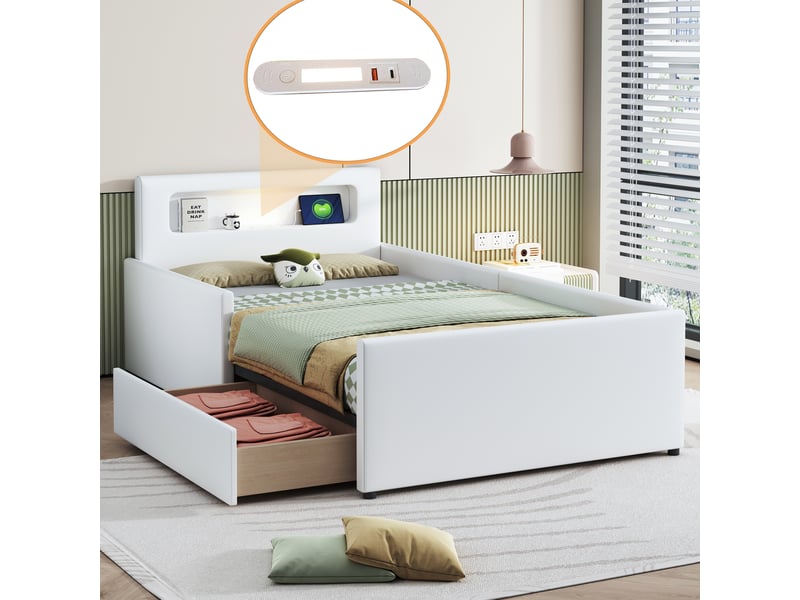  Lit enfant rembourré 90 x 200 cm avec veilleuse, port usb, tiroir et côtés surélevés, similicuir blanc Fay Lum - Conforama E