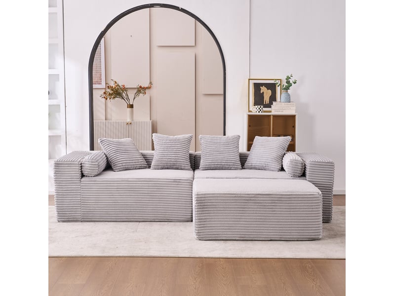  Canapé modulable d’angle compressé 217x110x60 cm 3 places en mousse et velours côtelé couleur gris, moderne  - Conforama D