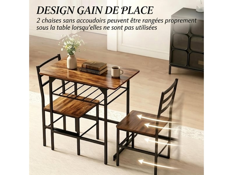  Ensemble table et 2 chaises gain de place 80x50 cm, marron rustique et noir  - Conforama D