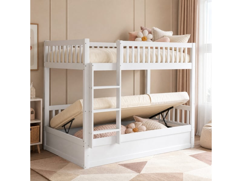  Lit superposé enfant 90x200 cm avec rangement hydraulique bois blanc sans matelas  - Conforama B