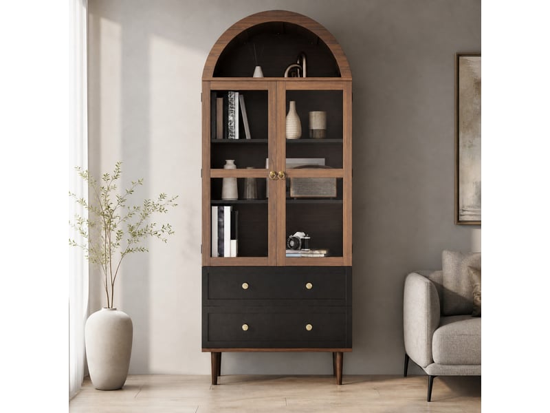 Buffet haut ulevr avec rangement et étagères réglables, 70 x 38 x 168 cm, mdf et portes en verre, noyer foncé - Conforama B