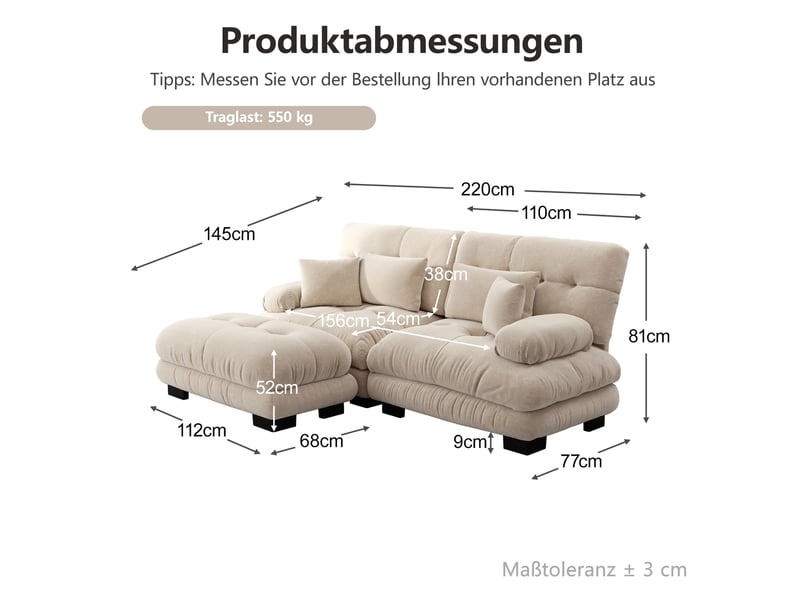  Canapé d'angle modenvie cloud modulable 2 places en chenille café clair 220 x 145 x 81 cm  - Conforama C