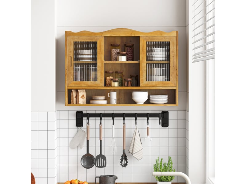 Armoire murale avec 2 portes coulissantes, 3 niveaux et étagères amovibles, en bois naturel, 90 × 20 × 60 cm - Conforama B