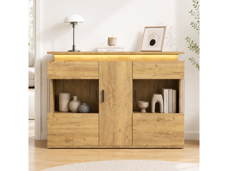  Buffet led 120 x 40 x 79,5 cm, prise, usb et usb-c, portes vitrées, lumière réglable, rangement, bois d’ingénierie, verre et métal, chêne clair OMNIGLINT TRADING LTD - Conforama C