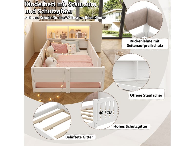  Lit simple enfant 90x200 cm avec barrières, rangements et led, coloris blanc  - Conforama D