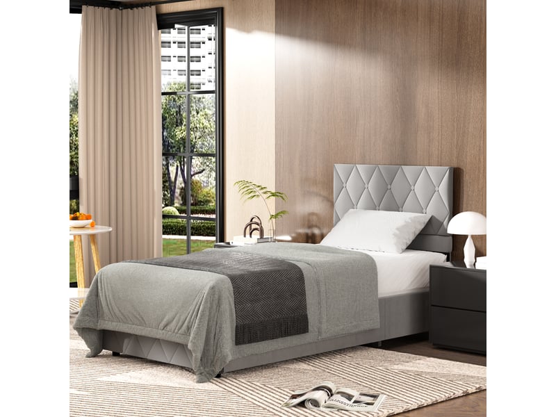 Lit enfant coffre 90x190 cm, tête de lit réglable, sommier à lattes, velours gris, sans matelas  - Conforama W