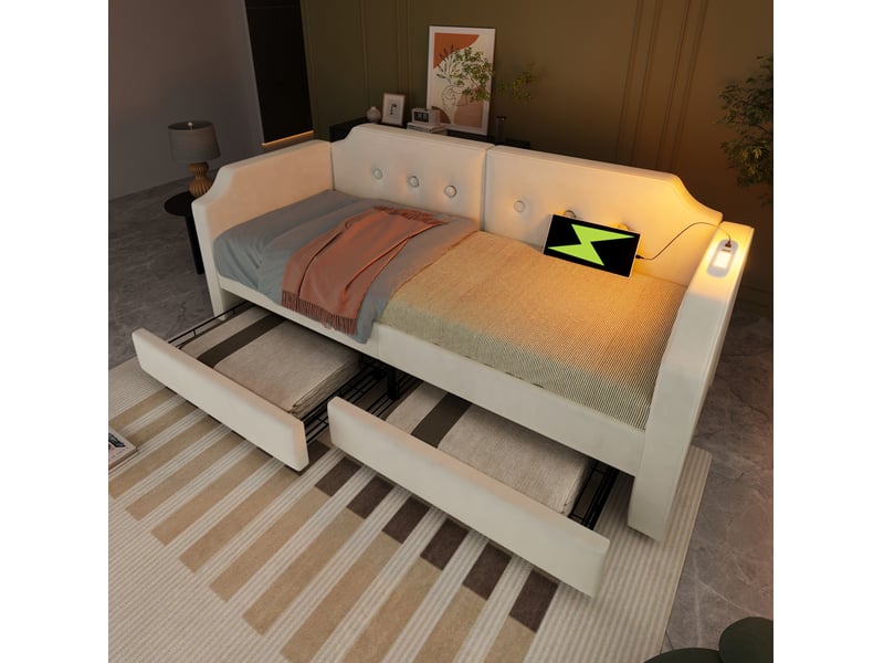  Modenvie lit de jour 90x200 cm - avec 2 tiroirs, usb-c et liseuse, sans matelas - beige  - Conforama B