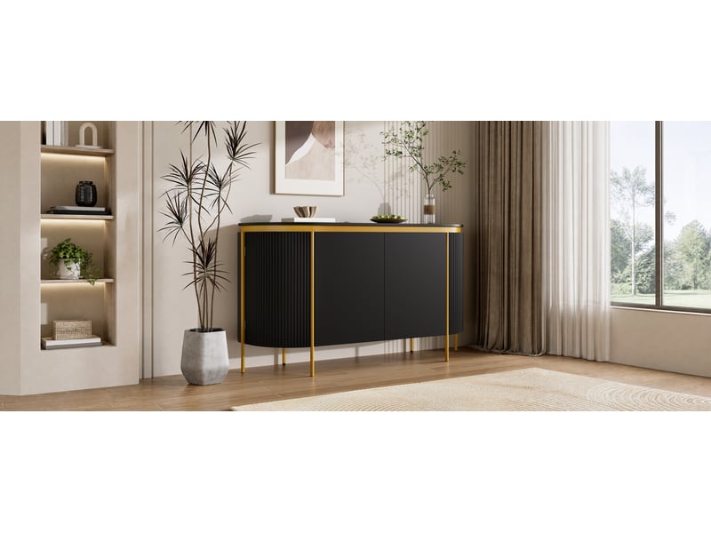  Buffet et enfilade ovale avec 4 portes, étagère, passe-câbles et pieds métal pour salon en mdf 140×38×80 cm noir  - Conforama E