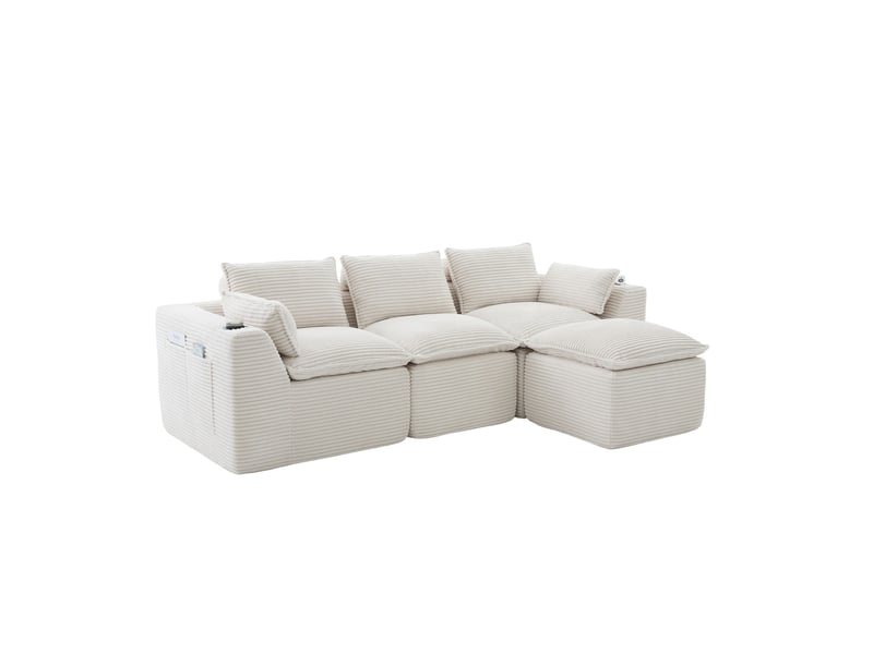 Canapé modulable 3 places avec repose-pieds, coussins, porte-boisson et 2 poches latérales en velours côtelé beige - Conforama A