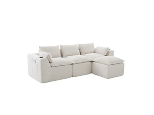 Canapé modulable 3 places avec repose-pieds, coussins, porte-boisson et 2 poches latérales en velours côtelé beige