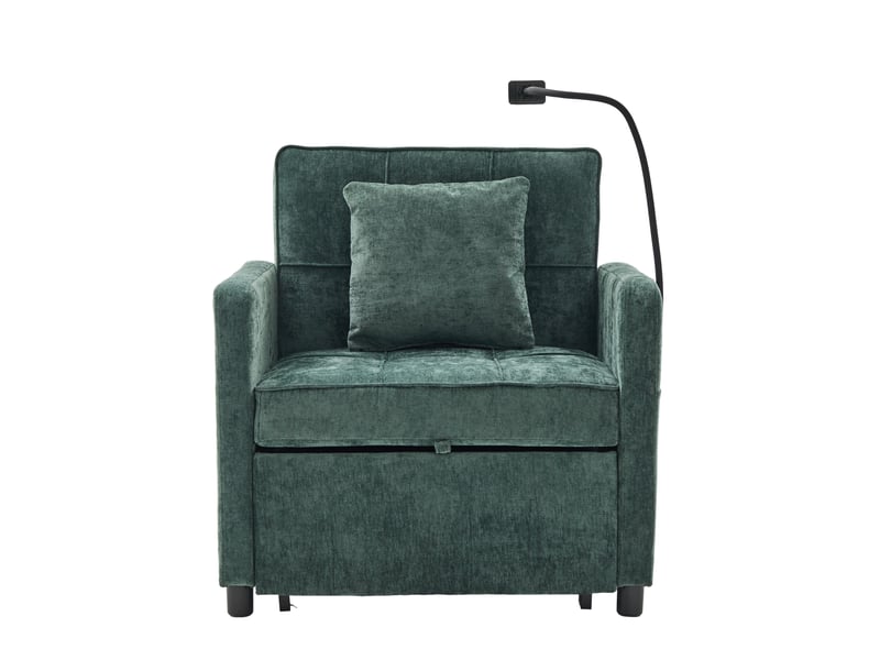  Fauteuil-lit 2-en-1 vert en chenille avec coussin, tablette et rangements  - Conforama A