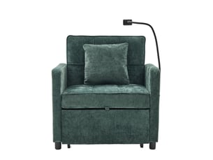 Fauteuil-lit 2-en-1 vert en chenille avec coussin, tablette et rangements