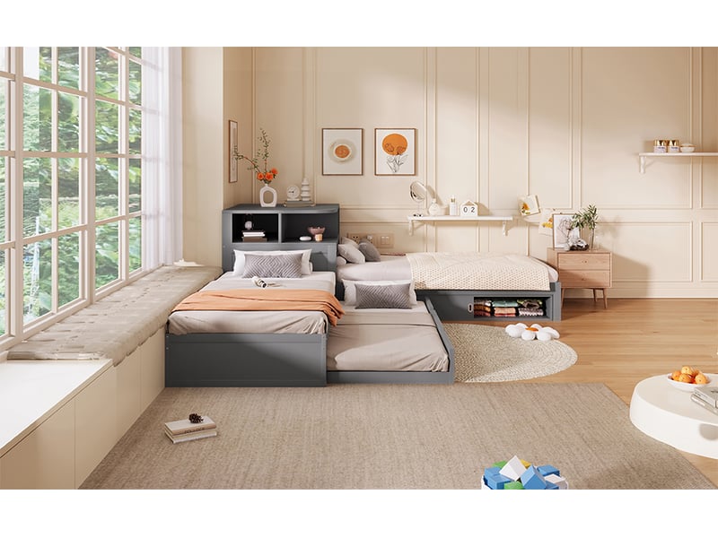  Lit gigogne d’angle 90 × 200 cm, couchage tiroir, rangements à portes coulissantes, veilleuse et lattes, pin, gris  - Conforama B