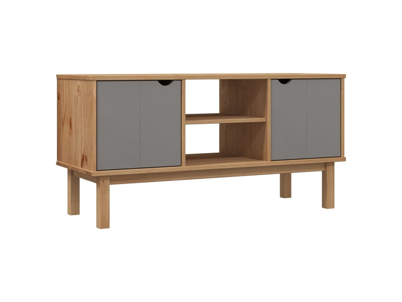  Meuble tv - banc tv - meuble de rangement - marron et gris 113,5x43x57 cm bois massif pin fr10001  - Conforama A