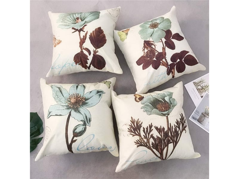  Taie d'oreiller, lot de 4 en coton et lin housse de coussin carré pour lit voiture de la maison canapé 45 x 45 cm papillon &amp; fleur rétro, beige  - Conforama B