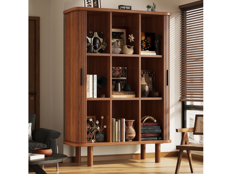  Buffet haut avec 2 portes à rideau et niches ouvertes pour salle à manger en mdf marron foncé 110 × 40 × 160 cm  - Conforama B