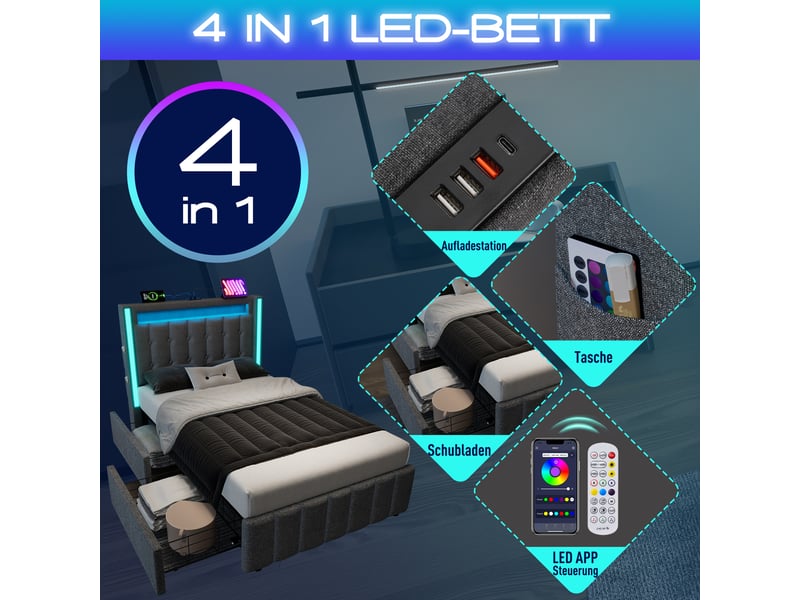  Lit simple 90x200 cm avec éclairage led et 2 tiroirs, structure de lit avec matelas, lit enfant avec sommier à lattes en bois, gris  - Conforama E