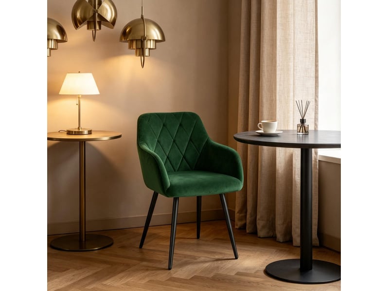  Chaise de salle à manger avec accoudoirs, assise rembourrée et dossier, pieds en métal, velours vert foncé  - Conforama B