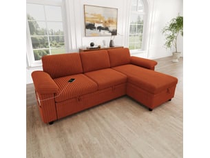 Canapé d'angle réversible convertible <strong>MIVRAY </strong> <strong></strong> 3 places Velours côtelé orange avec coffre de rangement