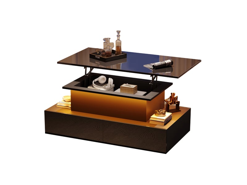  Table basse noire brillante avec éclairage led et 4 tiroirs  - Conforama A