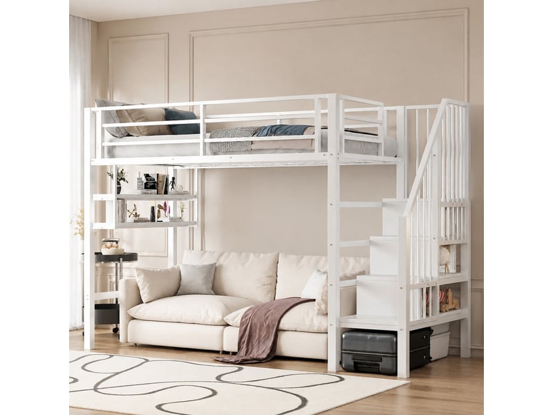  Lit surélevé enfant 90 x 200 cm, escalier de rangement et étagères, blanc  - Conforama B