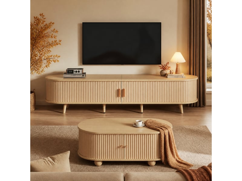 Meuble tv tcqpz avec table basse assortie 170 x 40 x 42 cm mdf bois clair 2 tiroirs 2 portes coulissantes rangement  - Conforama D