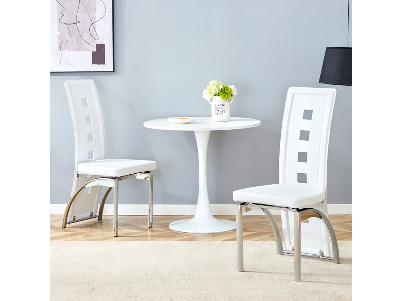 Lot de 2 chaises de salle à manger en cuir pu blanc mat, pieds en métal argenté, dossier ajouré géométrique, 102,5 cm - Conforama R