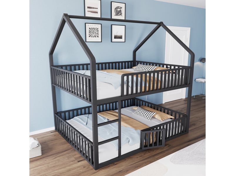  Lit superposé cabane enfant 140 x 200 cm avec escalier, petite porte et barrières de sécurité, structure en métal, noir, design gain de place  - Conforama D