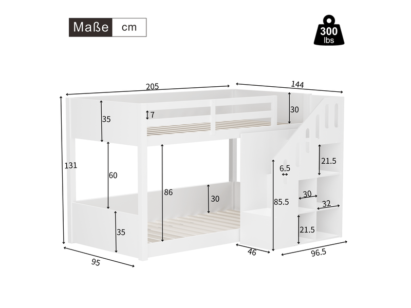  Lit superposé enfant 90x200 blanc en bois massif avec escalier et rangements - barrière de sécurité robuste  - Conforama C