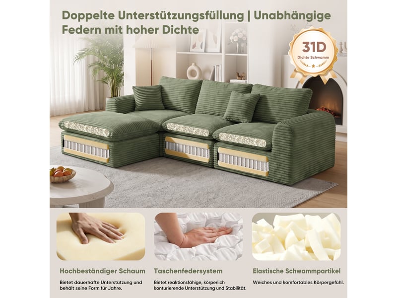  Canapé modulable compression 3 places,canapéà d'angle en l,280x180x65cm,velours côtelé,mousse et ressorts,vert  - Conforama W