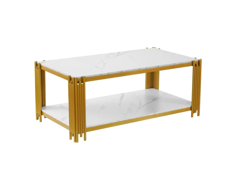  Table basse table de salon plateau effet marbre forme rectangulaire pieds en métal style moderne blanc et doré  - Conforama B
