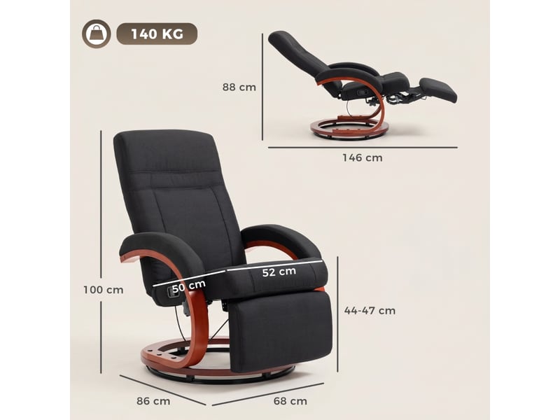  Fauteuil relax inclinable noir, dossier haut, repose-pieds et rotation 360°, en tissu aspect lin, pour salon et lecture  - Conforama C