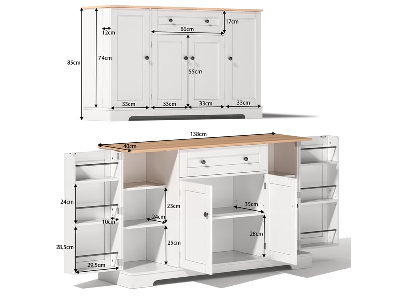 Buffet de cuisine 138 x 40 x 85 cm blanc et naturel en mdf, 4 espaces de rangement avec tiroir et portes latérales - Conforama C