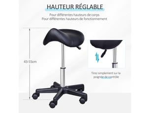 Tabouret à roulettes, tabouret de massage avec hauteur réglable 43-55 cm et selle ergonomique, chaise de travail à roulettes pivotant 360°, pour salon de massage, tatouage, clinique, noir, spa