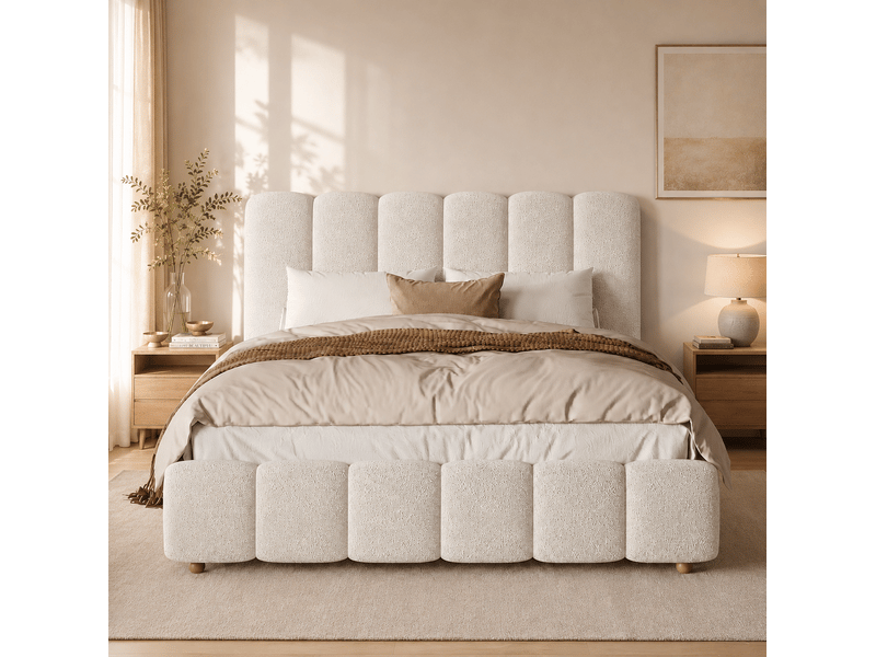  Lit double 140 × 190 cm avec coffre relevable hydraulique sommier et tête de lit en bouclette blanche pour chambre  - Conforama D