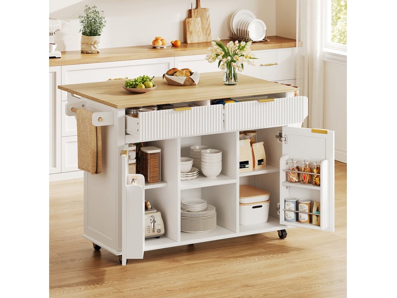  Desserte de cuisine 143 cm sur roulettes avec plan rabattable, 2 tiroirs et 2 portes, blanc et naturel  - Conforama B