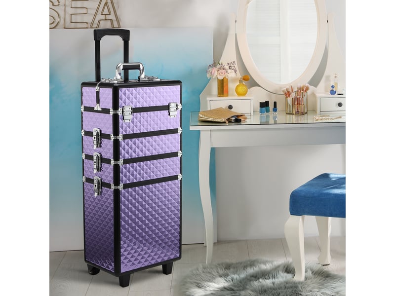  Valise de maquillage professionnelle à roulettes universelles, multi-niveaux, poignée extensible, alliage aluminium, 33,5 x 23 x 7695,5 cm, violette  - Conforama D