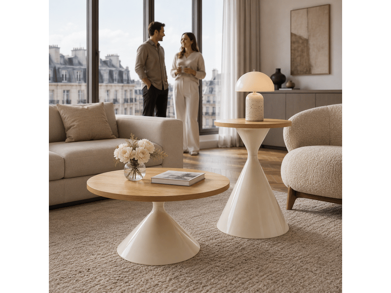  Set 2 tables basses rondes 7050 cm - plateau effet bois, pied acier blanc crème  - Conforama E
