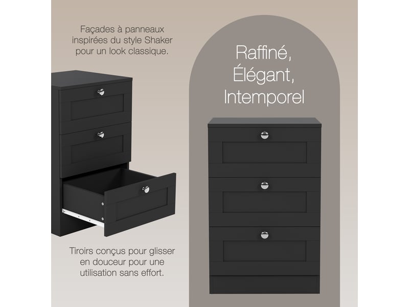  Table de chevet altino 3 tiroirs, commode de nuit, chambre, set de 2, 62x40x36cm, noir 3332179 - Conforama W