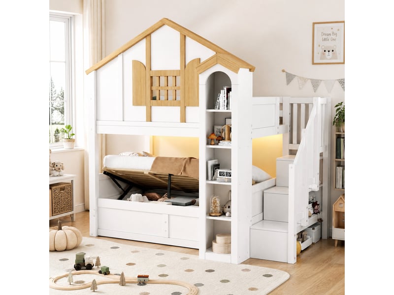  Lit superposé 90 × 200 cm 2 places avec rangement hydraulique, led et escalier de rangement, sans matelas, blanc  - Conforama B
